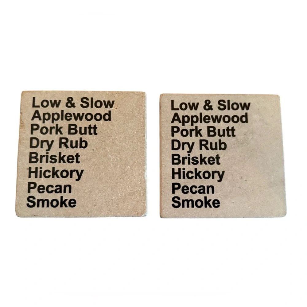 Set of 2 BBQ Marble Coasters smoked pork applewood hickory new cookout grill dad